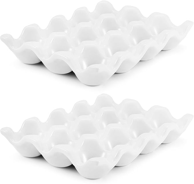 Flexzion 12 Cups Ceramic Egg Holder for Fridge - Dozen Ceramic Egg Tray Porcelain Container Storage Organizer Decorative Serving Stand Serveware for Refrigerator Countertop Display (White, 2 Pack)