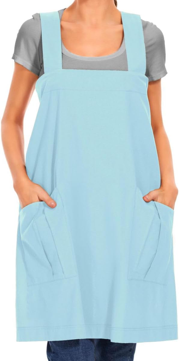 Larmliss Women's Cotton Cross Back Apron Pinafore Dress with Big Pockets Loose Square Apron for Baking Cooking Gardening