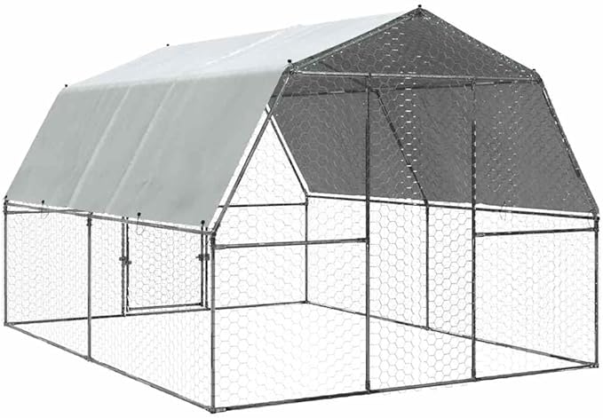 Walk-in Chicken Coop Silver 112.2 x 147.6 x 90.6 in Galvanized Steel Polyethylene Outdoor Hen Run Durable Weatherproof Poultry Cage for Backyard Farm Garden
