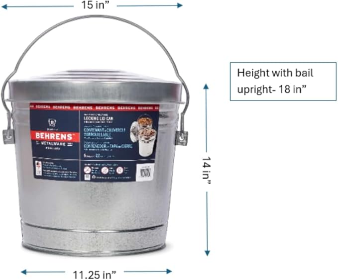 Behrens 6 Gallon Galvanized Steel Storage Can or Waste Bin w/Locking Lid & Handle (3 Cans, No Grip)