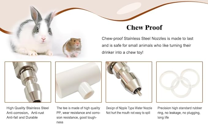 Stainless Steel Rabbit Water Nipples Metal Automatic Watering System Kit with PVC Tee for Guinea Pig, Hamster, Ferrets Other Rodent Small Animals(6Pcs)
