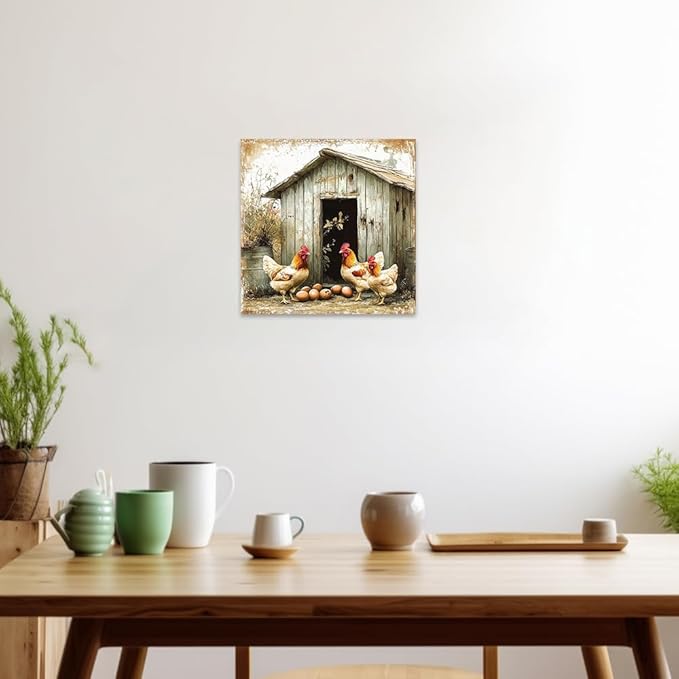 CCWORKERRY Chicken Kitchen Pictures Wall Art Rooster and Eggs Canvas Prints Farm Animals Wall Decor for Farmhouse Dining Room Decor Framed(White,24" x 24")