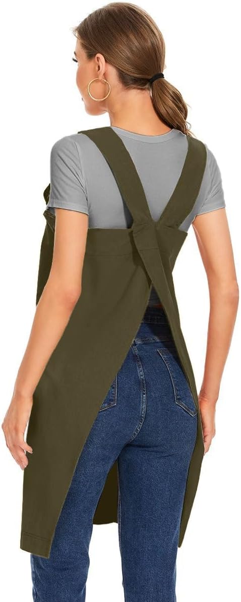 Larmliss Women's Cotton Cross Back Apron Pinafore Dress with Big Pockets Loose Square Apron for Baking Cooking Gardening