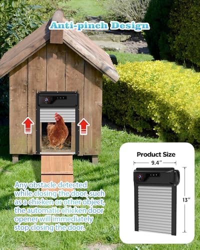 Automatic Chicken Coop Door with HD Camera, Solar Powered, 5000mAh Battery, WiFi App Remote Control & Timer, Night Vision, Anti-Pinch Sensor, Motion Alarm for Poultry Coop (Black)