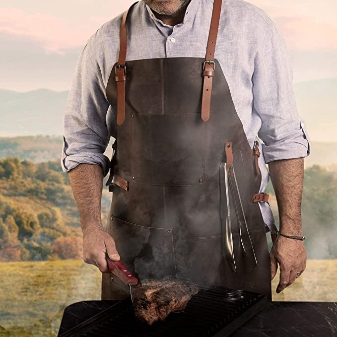Theodore Premium Top Grain Leather Apron with Cross‑Back for Men & Women – 32.5″ × 24.5″ Heavy‑Duty BBQ, Cooking, Woodworking Apron with Two Large Tool Pockets