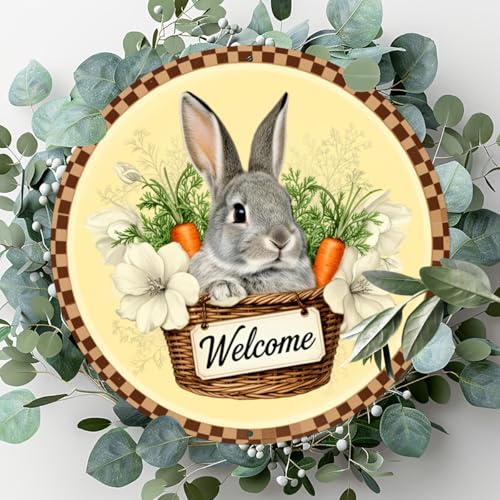 Welcome Bunny in Basket Round Aluminum Sign Retro Gray Rabbit with Carrots White Flowers - 8x8 Inch - Image 4