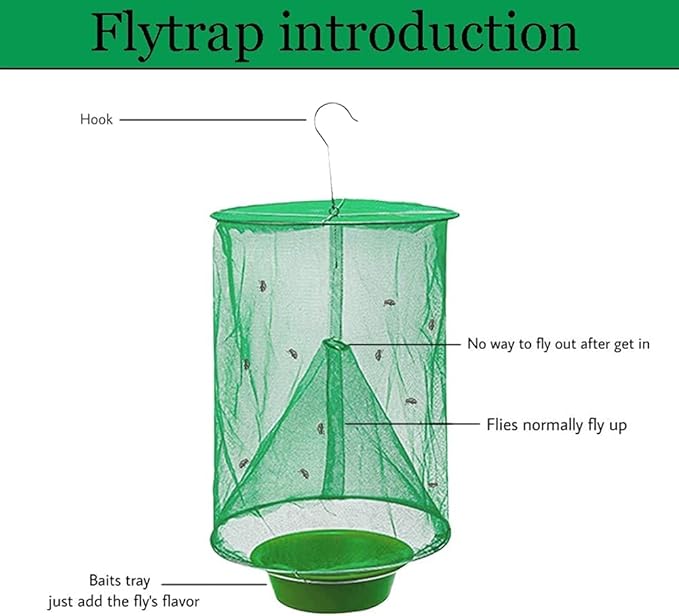 Ranch Fly Trap Outdoor Hanging Reusable with Fishing Apparatus | Food Bait Tray Catcher Cage for Indoor or Outdoor Family Farms, Park (4 Pack)