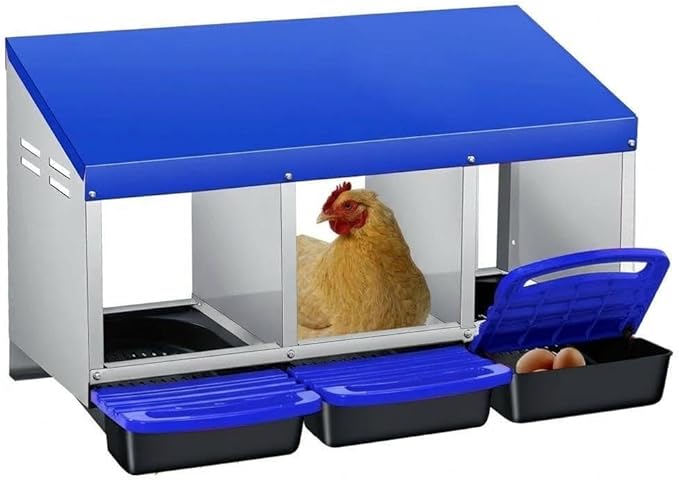 Chicken Nesting Box,Chicken Laying Boxes with 3 Compartment Metal Stainless Steel,Chickens Egg Laying Nest Boxes with Rollout Egg Collection,Chicken Brooder Box with Perch, Blue