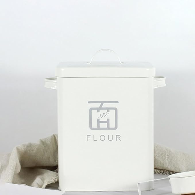 TOYANDONA Multi-function Flour and Rice Storage Container with Airtight Seal, Vintage White Metal Food Bin for Household Kitchen Pantry Organization