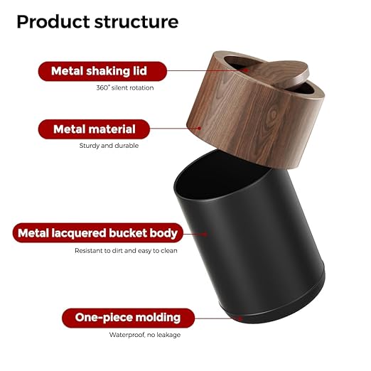 3.1 GAL Modern Metal Trash Can with Realistic Wood Texture,Built-in Bag Holder,Flip Lid,Small Bathroom Garbage Can for Bathroom,Home,Office,Living Room (3.1gal Swing lid)