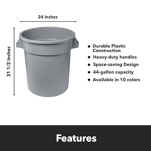 Feed and Seed Storage Container, 44 Gallon Gray Round Commercial Trash Can/Ingredient Bin, Food Storage Plastic Bin, Use in Agricultural, Gardening, or Household