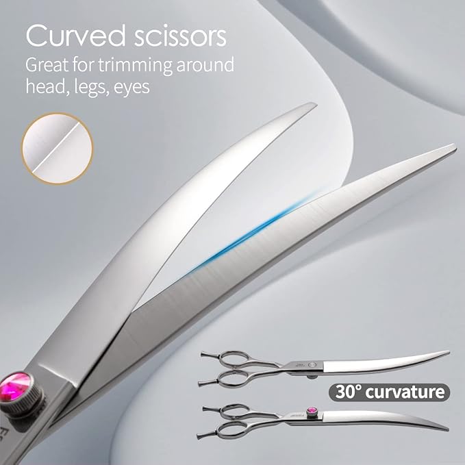 Dog Grooming Scissors Kit 8 in Professional Curved Thinning Straight Chunker Shears and Comb 5pcs Set for Grooming Big Dogs Poodle Pet Japan 440C Stainless Steel(8.0'',Kit)
