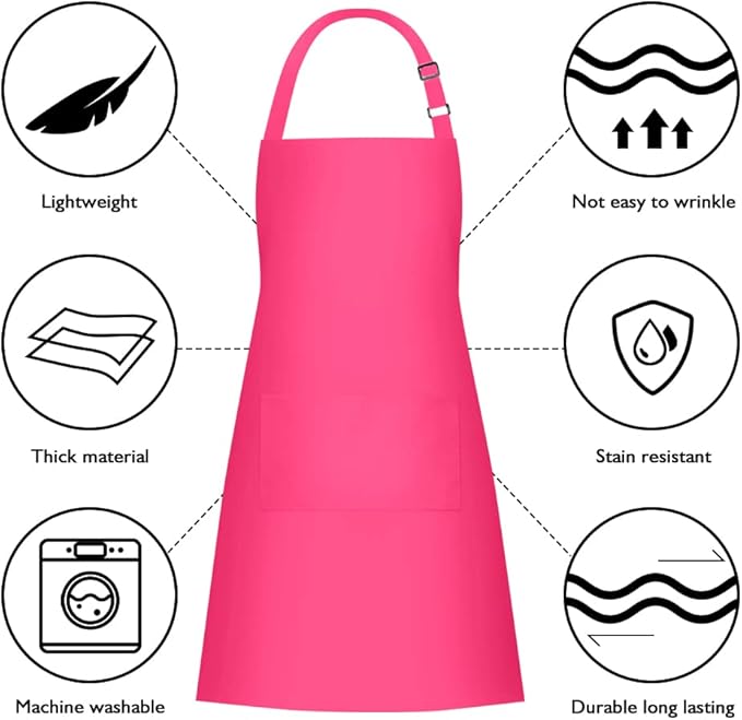 Jubatus 2 Pack 100% Cotton Aprons with 2 Pockets Cooking Chef Kitchen Adjustable Bib Apron for Women Men, Hot Pink