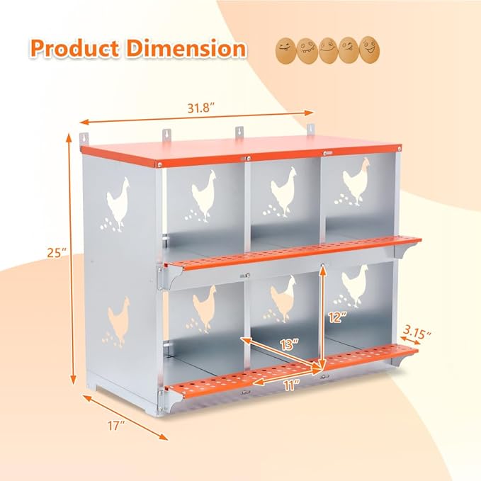Wall-Mounted Metal Nesting Box for Chickens and Ducks – Galvanized Steel Construction with Ventilation & Easy Egg Access (6-Orange)