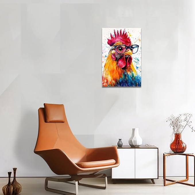 ZQQART Rooster Canvas Wall Art Funny Chicken Portrait Picture Prints Rustic Animal Painting Artwork Farmhouse Kitchen Decor Framed(White,12.00" x 18.00")