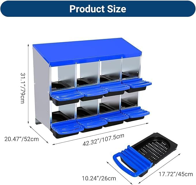 [8-Pack] Chicken Nesting Boxes for Hens - Galvanized Steel Wall Mount or Freestanding Chicken Nest, Removable Plastic Egg Tray & Ventilation Holes - Poultry Nesting Boxes for Egg Laying (Blue)