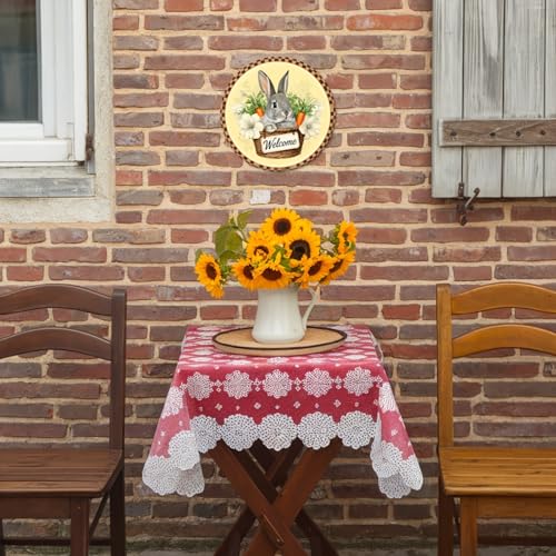 Welcome Bunny in Basket Round Aluminum Sign Retro Gray Rabbit with Carrots White Flowers - 8x8 Inch - Image 6