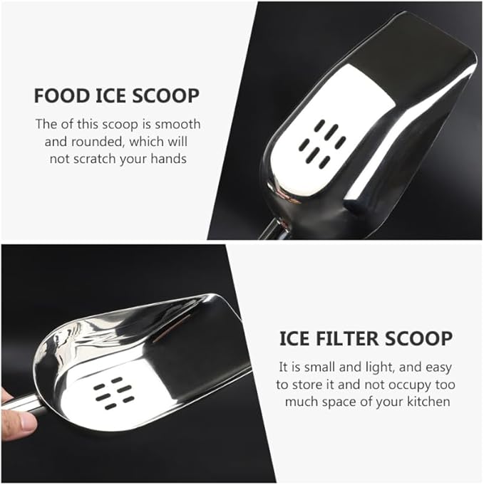 Luxshiny Stainless Steel Ice Scoop with Drain Holes, Metal Bar Scoop with Flat Bottom for Ice Bin and Freezer, Heavy Duty Kitchen Flour Scooper for Grains, Candy and Popcorn