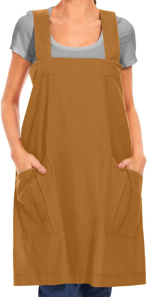 Larmliss Women's Cotton Cross Back Apron Pinafore Dress with Big Pockets Loose Square Apron for Baking Cooking Gardening