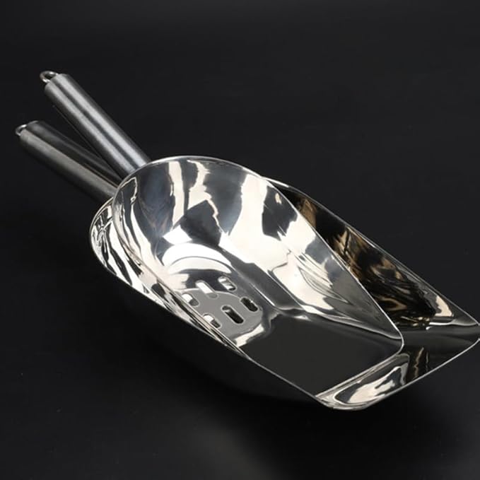 Luxshiny Stainless Steel Ice Scoop with Drain Holes, Metal Bar Scoop with Flat Bottom for Ice Bin and Freezer, Heavy Duty Kitchen Flour Scooper for Grains, Candy and Popcorn