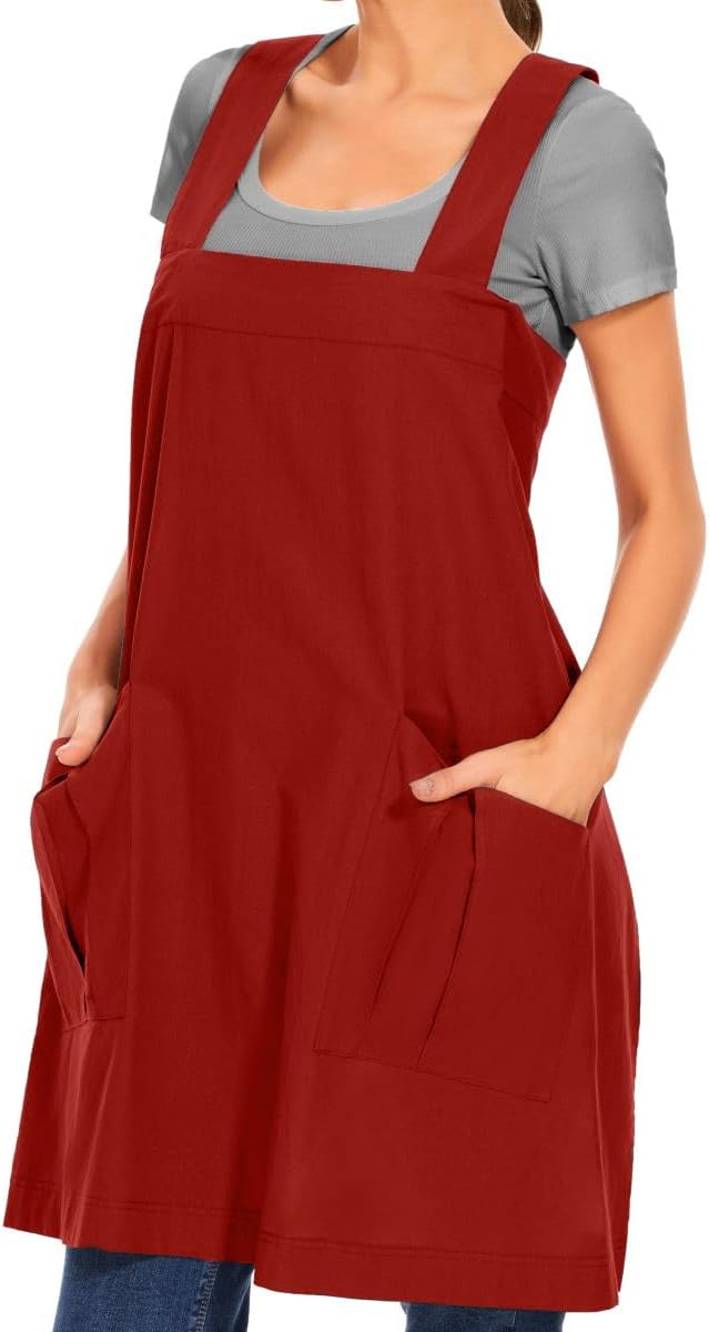 Larmliss Women's Cotton Cross Back Apron Pinafore Dress with Big Pockets Loose Square Apron for Baking Cooking Gardening