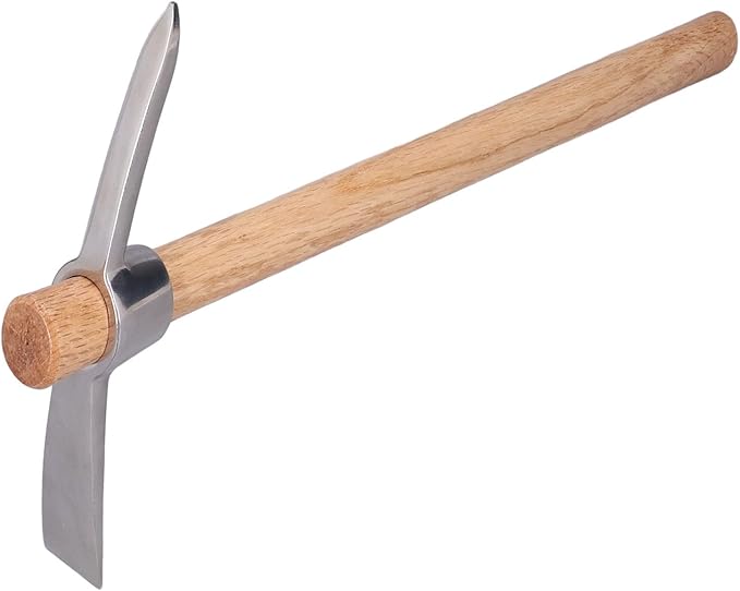 15.7in Hand Cultivator & Hoe Tool - Dual Head Stainless Steel Garden Pickaxe for Weeding, Digging, Planting - Ergonomic Wooden Handle for Farming, Landscaping, Bonsai Care