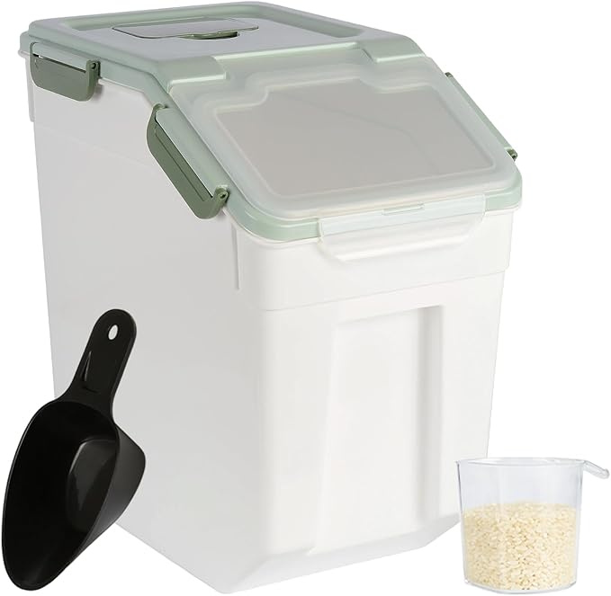 Rice Container 25 lbs Large Bulk Flour Sugar Storage Holdhouse Plastic Grain Cereal Dry Goods Bin with Spoon and Measuring Cup for Kitchen Pantry Organization - Green