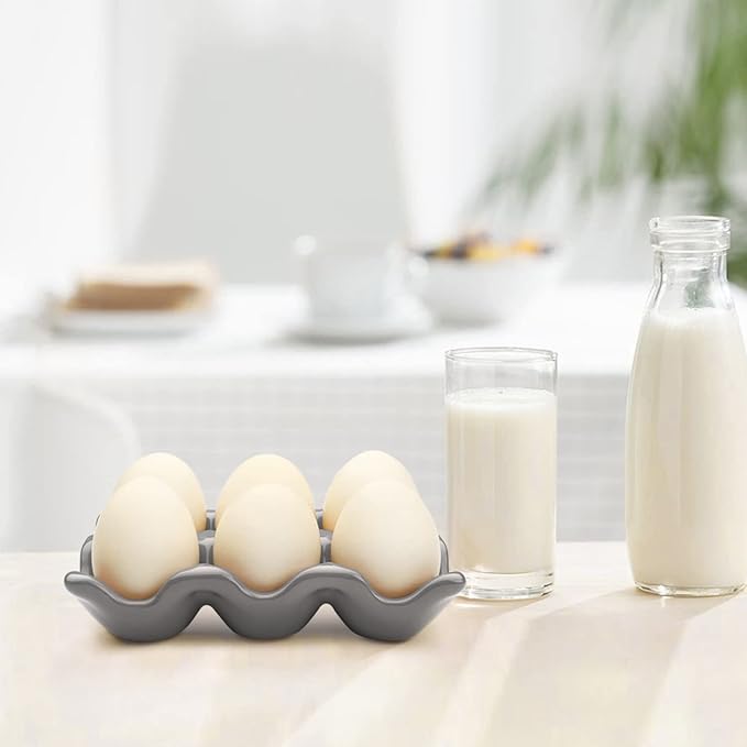 Flexzion Ceramic Egg Holder for Fridge - 6 Cups Egg Tray Half Dozen Porcelain Container Keeper Storage Organizer Decorative Serving Dish Serveware for Refrigerator Countertop Display Kitchen (Gray)