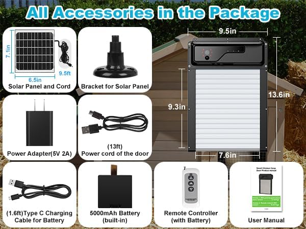 Automatic Chicken Coop Door with HD Camera, Talkback Function, 5000mAh Battery, WiFi Enabled, APP-Based Monitoring, Remote Control and Timer, Solar Powered Auto Chicken Door with Anti-Trap Sensor