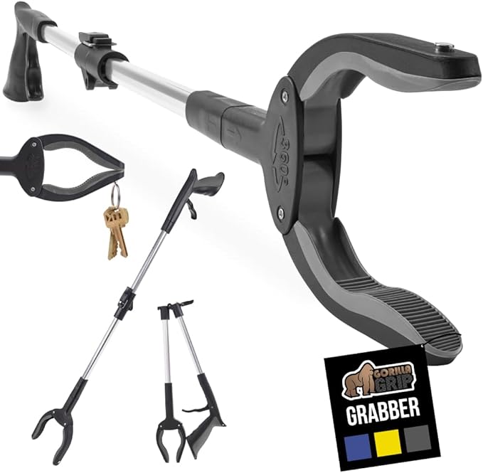 GORILLA GRIP Strong Rubber Lined Claw Grabber, Ergonomic Anti-Slip Reacher Tool for Seniors, 360 Magnetic Rotating Head Reaching Pick Up Stick, Foldable Trash Picker, Handicap Gripper, Gray