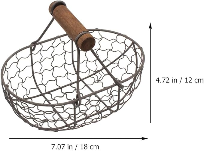 Zerodeko Egg Basket - Egg Collecting Basket Vintage Style Storage with Wooden Handle Round Metal Fruit Collecting Flower Arangment for Home Countertop Holder Container