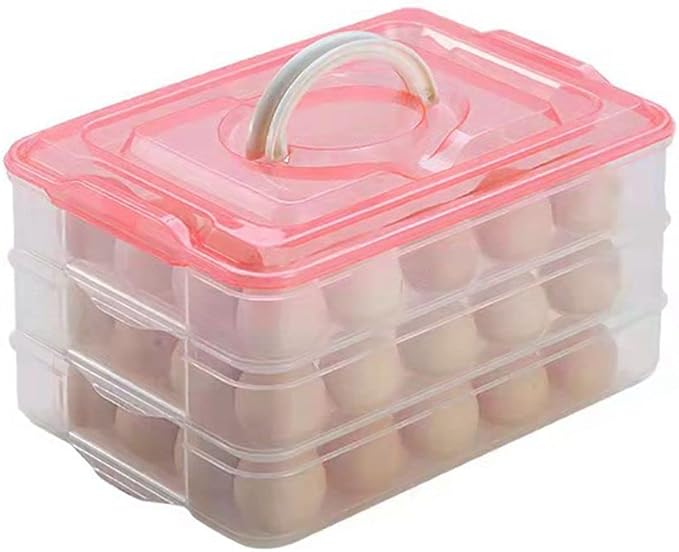 Egg Storage Container for Refrigerator, 3-Layer Deviled Egg Tray, Stackable Fridge Egg Organizer with Lid and Handle, Extra Large Holder, 60 Count Eggs Keeper (red 3 layer)