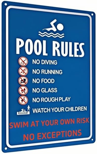 Metal Pool Safety Sign – Warning: Swim at Your Own Risk, No Diving, No Running – Weatherproof Outdoor Sign for Home Pools, Resorts, Beaches, and Water Parks – 8x12 Inches