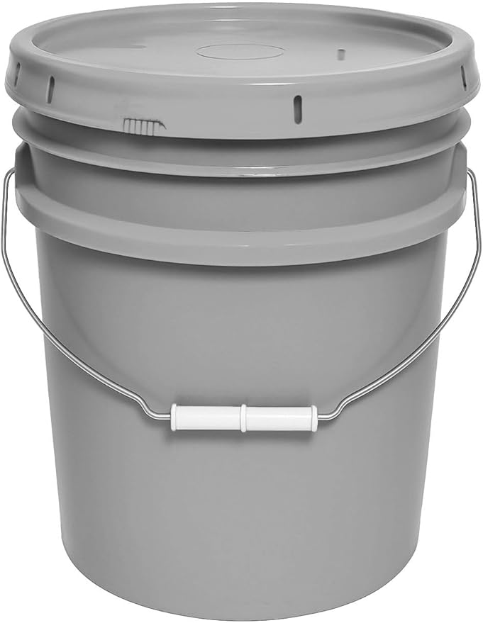 5-Gallon Bucket with Airtight Lid – Made in USA, Food Grade BPA Free Plastic, Heavy Duty Multi-Use, Metal Handle with Grip, Stackable Storage – Silver, 1 Pack