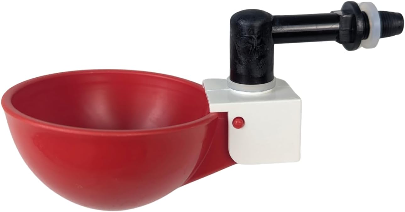Hen's Choice™ 1L (32 oz) Drinker W/Cup, Nipple, & Wire Bracket for Poultry & Small Animals, Chick Waterer, Red
