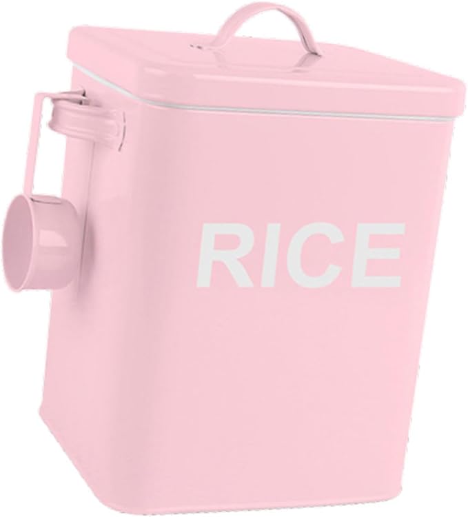 Fenteer Metal Rice Storage Box, Flour Canister and Spoon, Sealed Food Storage Bin, Iron Rice Container for Flour, Cereal, Pet Food, Pink M