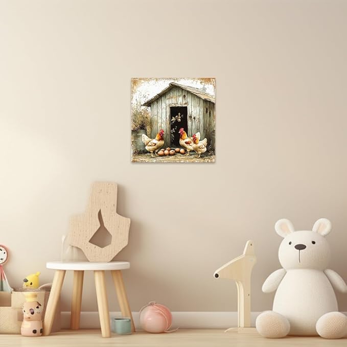 CCWORKERRY Chicken Kitchen Pictures Wall Art Rooster and Eggs Canvas Prints Farm Animals Wall Decor for Farmhouse Dining Room Decor Framed(White,28" x 28")