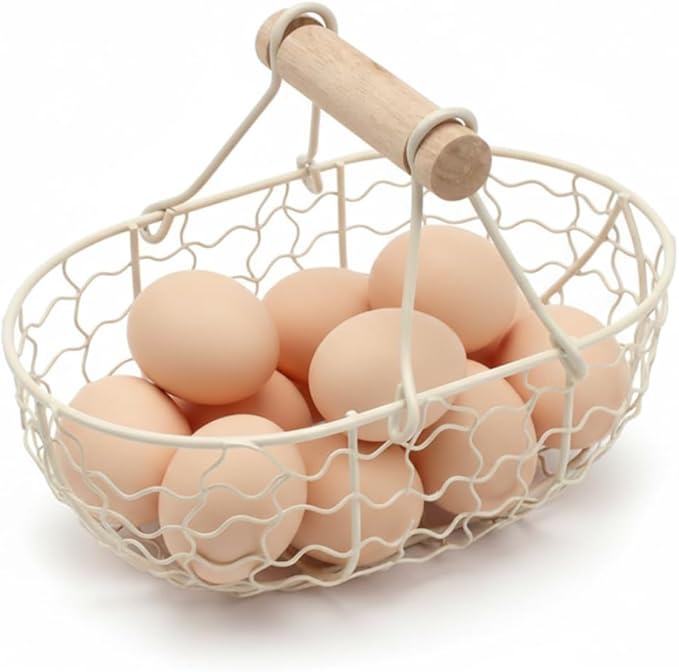 Egg Basket, Small Farmhouse Wire Basket with Wooden Handle Rustic Countertop Holder and Storage for Gathering Fresh Eggs, Egg Holder