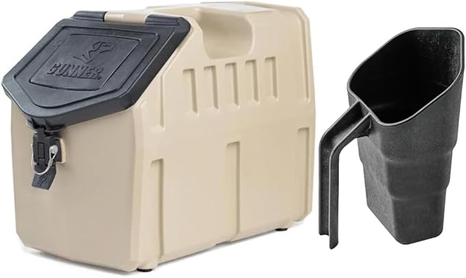 GUNNER 50 lbs Tan Dog Food Storage Container with Measuring Scoop – Waterproof & Airtight Pet Food Bin for Dry Food, Corn, Chicken Feed, Bird Seed & Treats – 3 Cup Ergonomic Scooper with Markers