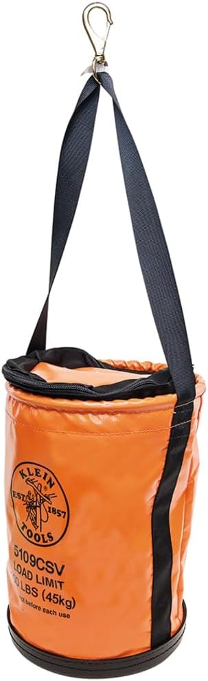 Klein Tools 5109CSV Tool Bucket, Top Closing Vinyl Lineman Bucket with Swivel Snap and Web Handle, 12-Inch, 100-Pound Load Rated Tool Holder
