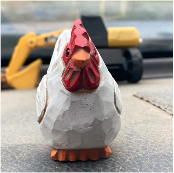Hand-Carved White Hen Figurine - Miniature Wood Chicken Bird Art Statue Mini CarvedFigurine, Small Farm Animals, Handmade Carved Ornament for Rustic Home Decor & Collectibles