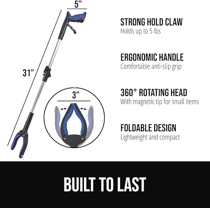 GORILLA GRIP Strong Rubber Lined Claw Grabber, 2 Pack Ergonomic Anti-Slip Reacher Tool for Seniors, 360 Magnetic Rotating Head Reaching Pickup Stick, Foldable Trash Picker, Handicap Gripper, Blue