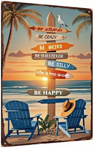 Tropical Beach Metal Sign – 8x12 Inch Retro Wall Decor with Surfboards and Palm Trees – Vintage Tin Sign for Patio, Porch, Bar, or Coastal Bathroom