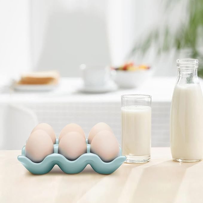 Flexzion Ceramic Egg Holder for Fridge - 6 Cups Egg Tray Half Dozen Porcelain Container Keeper Storage Organizer Decorative Serving Dish Serveware for Refrigerator Countertop Display Kitchen (Blue)