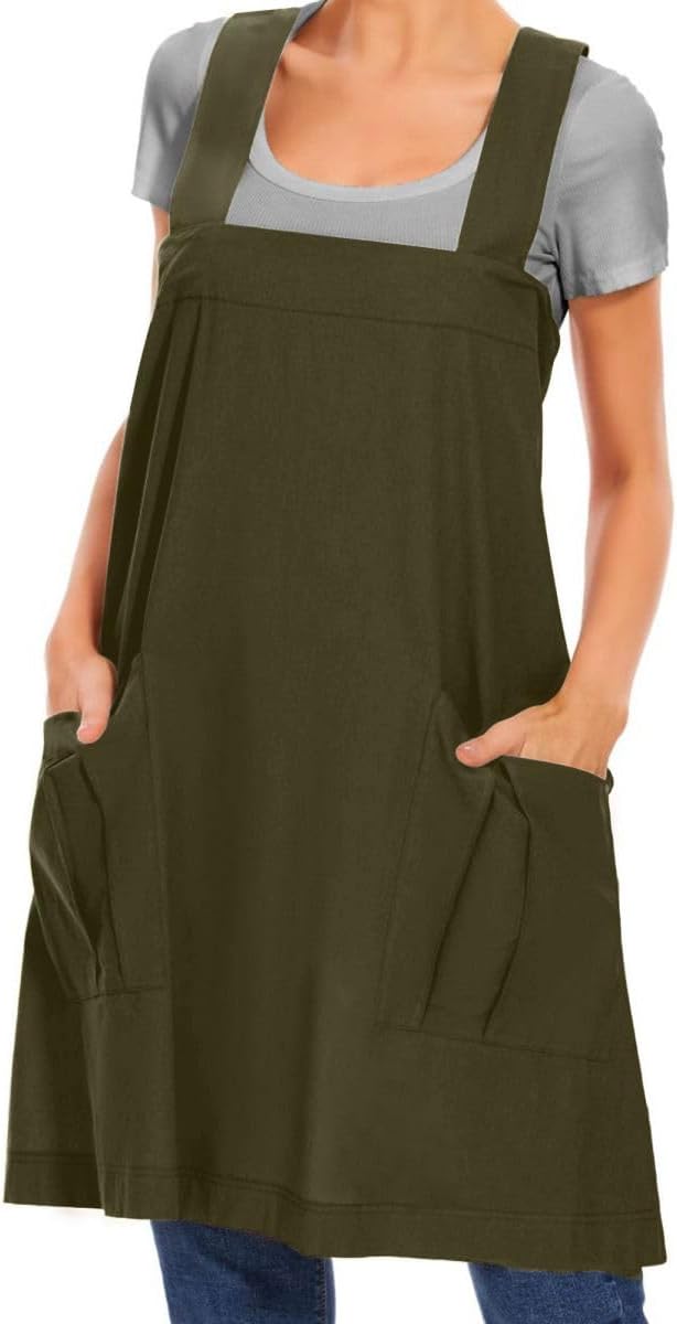 Larmliss Women's Cotton Cross Back Apron Pinafore Dress with Big Pockets Loose Square Apron for Baking Cooking Gardening