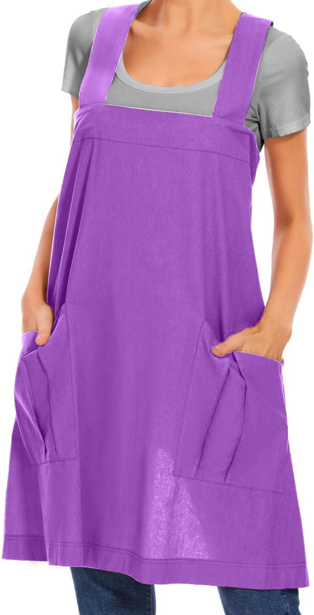 Larmliss Women's Cotton Cross Back Apron Pinafore Dress with Big Pockets Loose Square Apron for Baking Cooking Gardening
