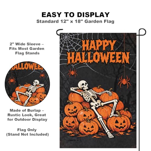 12 x 18 Inches Halloween Skeleton Garden Flag Decorations - Orange and Black, Burlap-Style Fabric - Image 2