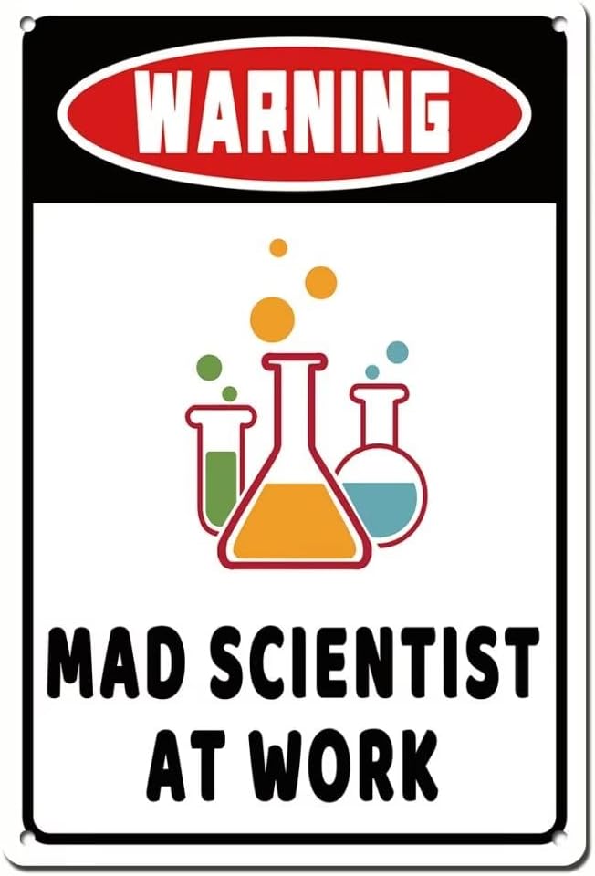 Mad Scientist at Work Funny Wall Decor Tin Sign 12x8 Inch for Home Bar Cafe Pub Farmhouse Garage Bedroom Chemistry Classroom Science Poster Gifts, Boys Gift