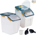 Large Flour Storage Container Bin 25lb, 2Pack Airtight Rice Storage Containers with Measuring Cup&Scoop, BPA Free with Wheels Seal Locking Lid for Flour, Rice, Grain (50LBS Total, Blue)