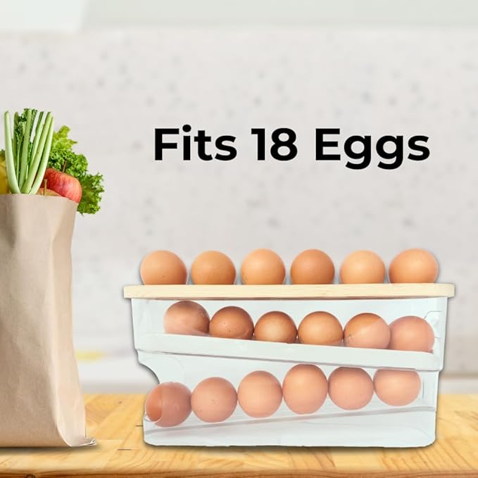18 Egg Dispenser for Refrigerator – Durable Organizer with Wooden Lid, Space-Saving Egg Storage Bin for Freshness, Kitchen Organization, Easy Access & Stylish Design